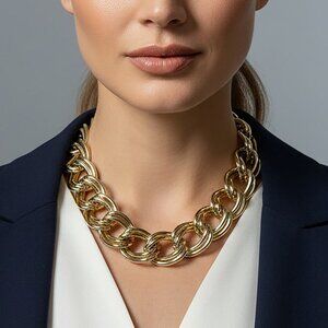 Vintage 1980s Statement Necklace Chunky Gold-Tone Double Curb Link 17" + 2"